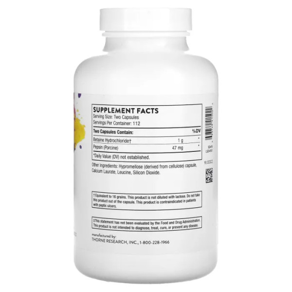 Бетаина гидрохлорид + пепсин, Betaine HCL & Pepsin, Thorne, 225 капсул
