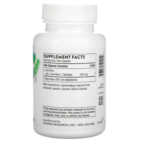 L-карнітин, L-Carnitine, Thorne, 60 капсул