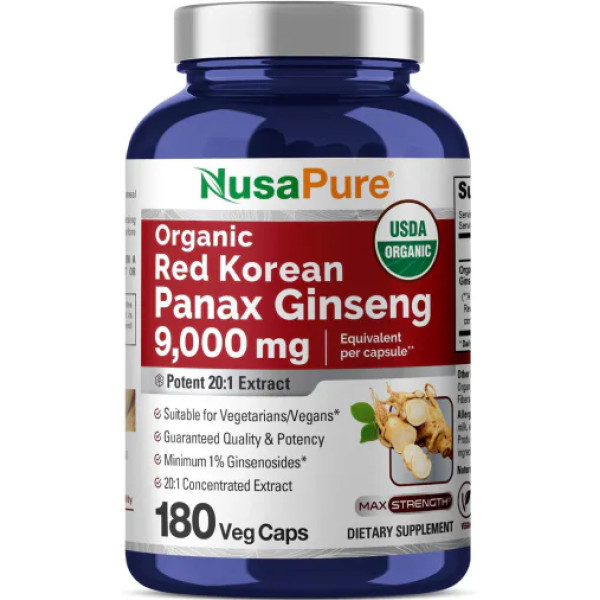 Червоний китайський женьшень, Red Korean Panax Ginseng, NusaPure, 9000 мг, 180 рослинних капсул