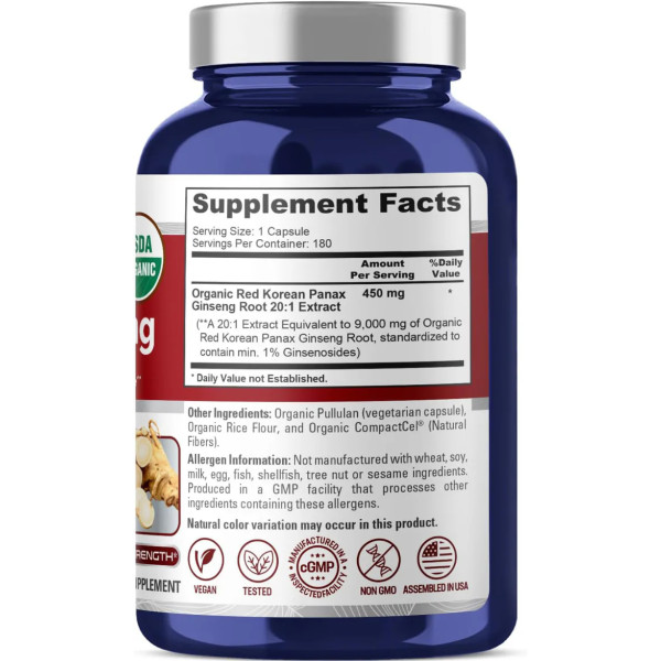 Червоний китайський женьшень, Red Korean Panax Ginseng, NusaPure, 9000 мг, 180 рослинних капсул