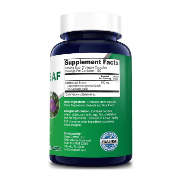 Листя банаба, екстракт, Banaba Leaf, NusaPure, 500 мг, 200 вегетаріанських капсул