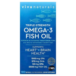 Омега-3 рыбий жир тройная сила, Viva Naturals Omega 3 Fish Oil, 180 гелевых капсул (1250 мг в 1 капсуле)