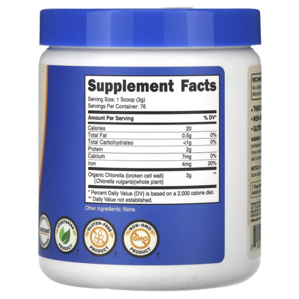 Хлорелла, Chlorella, Nutricost, органік, порошок, без смаку, 227 г