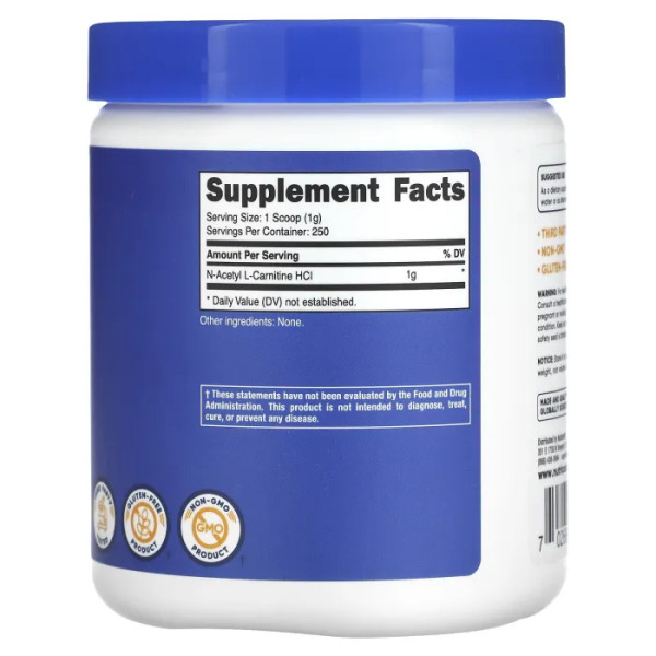 Ацетил L-карнітин, Acetyl L-Carnitine, Nutricost, без добавок, 250 г