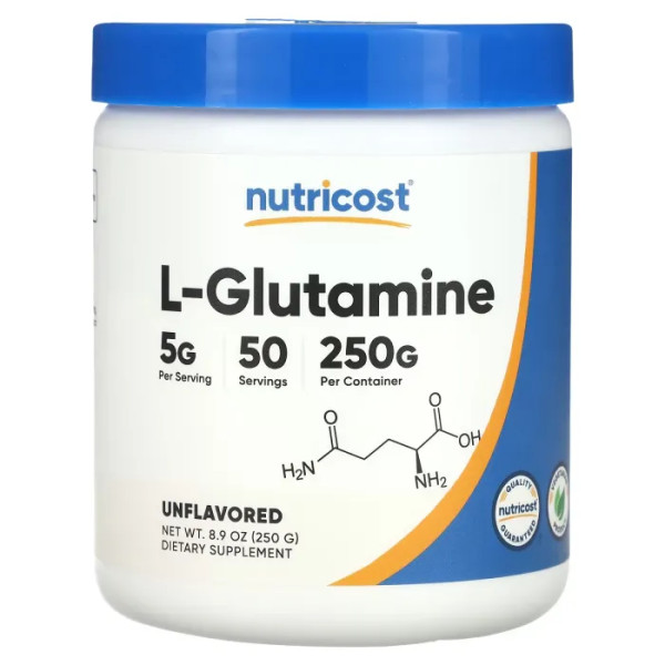 L-глютамін, L-Glutamine, Nutricost, без добавок, 5 г, 250 г