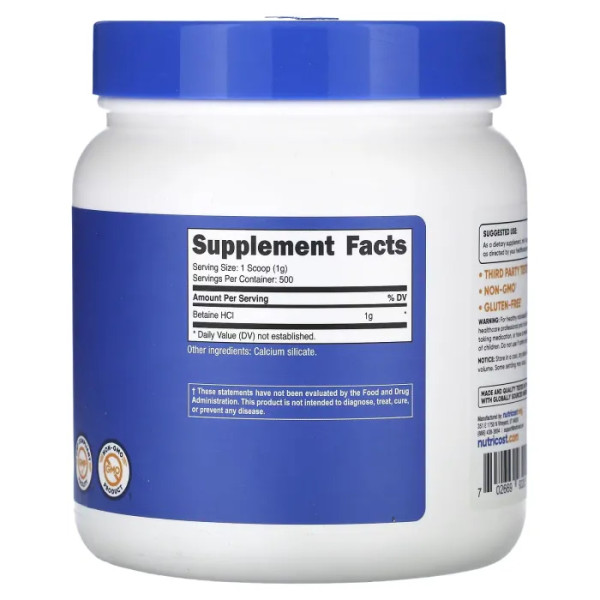 Бетаин гидрохлорид, Betaine HCL, Nutricost, без добавок, 507 г