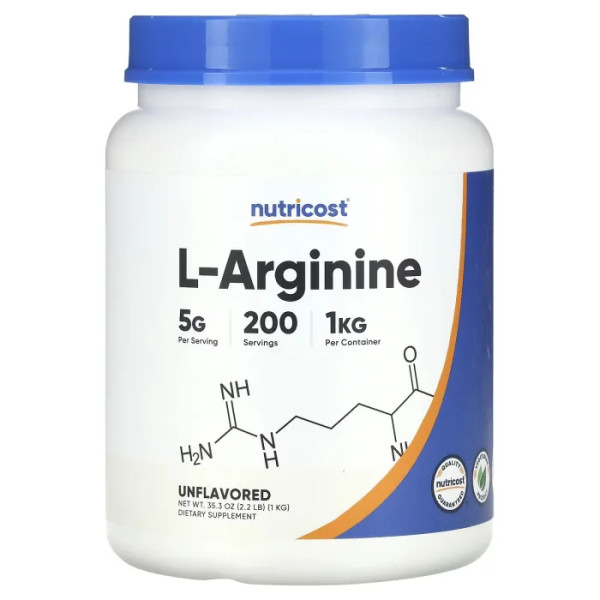 L-аргинин, L-Arginine, Nutricost, без добавок, 1 кг