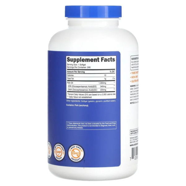 Риб'ячий жир, Омега-3, Fish Oil Omega 3, Nutricost, 1000 мг, 240 гелевих капсул