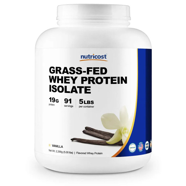 Сироватковий протеїн, ізолят, Grass-Fed Whey Protein Isolate, Nutricost, порошок, ваніль, 2.268 кг.