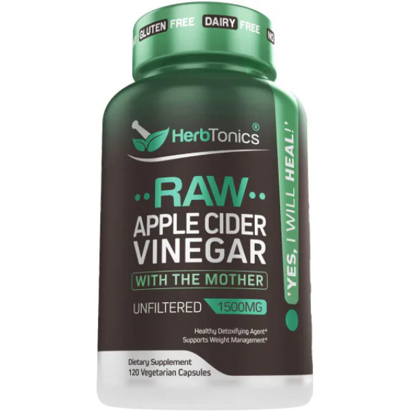 Яблучний оцет, Raw Apple Cider Vinegar, Herbtonics, 1500 мг, 120 вегетаріанських капсул