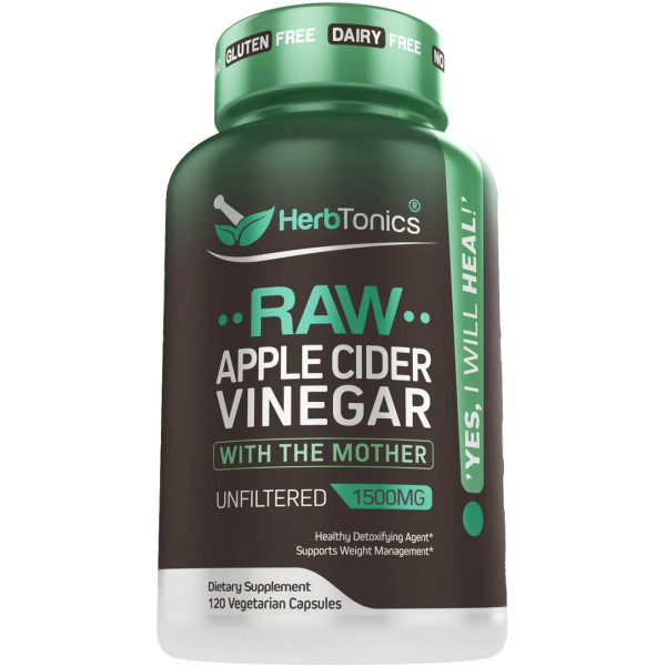 Яблучний оцет, Raw Apple Cider Vinegar, Herbtonics, 1500 мг, 120 вегетаріанських капсул