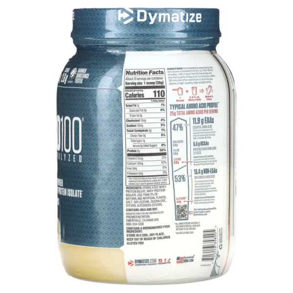 Ізолят сироваткового протеїну, ISO100® Hydrolyzed, Dymatize, гідролізований, смак ванілі, 610 г
