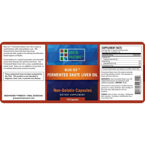 Масло печінки ската, Fermented Skate Liver Oil, Green Pasture, 2 пляшки по 120 капсул