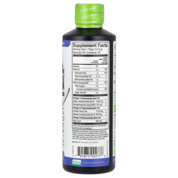 Омега 3 6 9, Plant Based Total Omega 3 · 6 · 9, Barlean's, рослинний комплекс, гранатово-чорничний смузі, 3980 мг, 454 г.