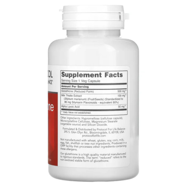Глутатіон, Glutathione, Protocol for Life Balance, 500 мг, 60 веганських капсул