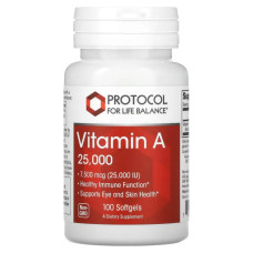 Вітамін A 7500 мкг 25000 МО, Protocol for Life Balance Vitamin A, 100 гелевих капсул