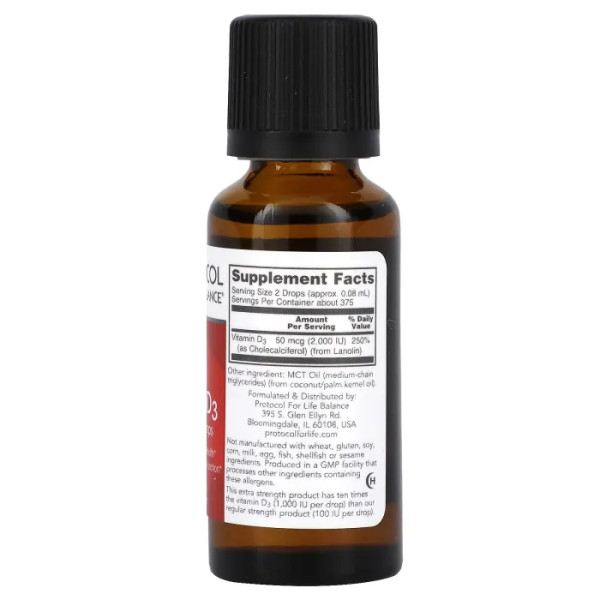 Вітамін D3, Liquid Vitamin D3, Protocol for Life Balance, підвищена сила, 2000 МО, 30 мл