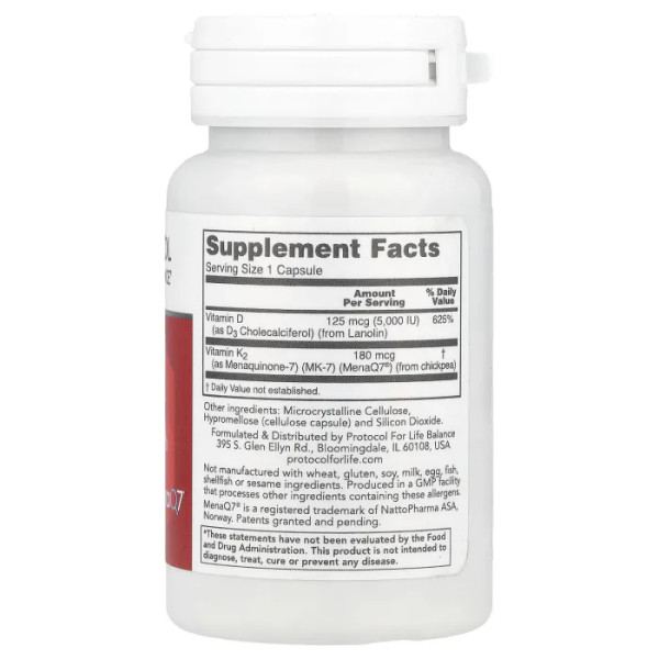 Вітаміни K2 (MK-7) та D3, K2 MK-7 & D3, Protocol for Life Balance, 60 капсул