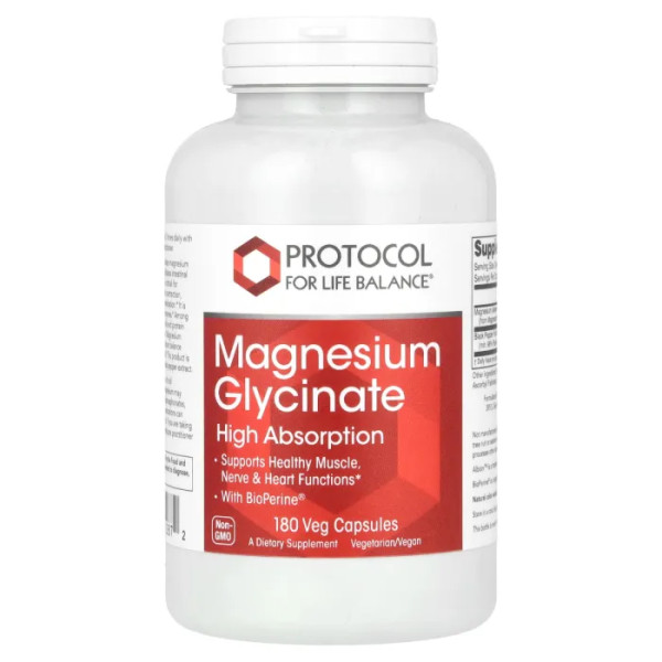 Магнію гліцинат, Magnesium Glycinate, Protocol for Life Balance, висока засвоюваність, 180 рослинних капсул