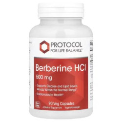 Берберин HCl 500 мг, Protocol for Life Balance Berberine HCl, поддержка уровня глюкозы и липидов 90 растительных капсул