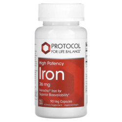 Железо 36 мг, Protocol for Life Balance Iron, высокая эффективность, 90 веганских капсул