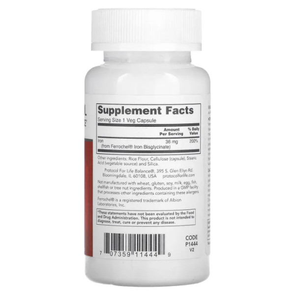 Залізо, Iron, Protocol for Life Balance, висока ефективність, 36 мг, 90 веганських капсул