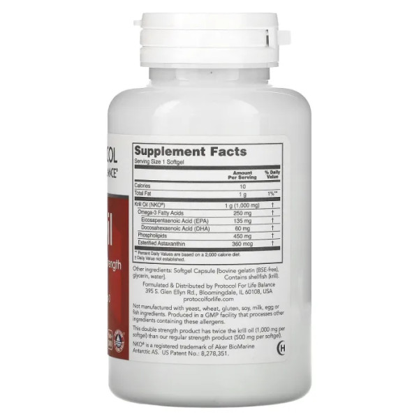 Олія криля, Krill Oil, Protocol for Life Balance, подвійна сила, 1000 мг, 60 гелевих капсул