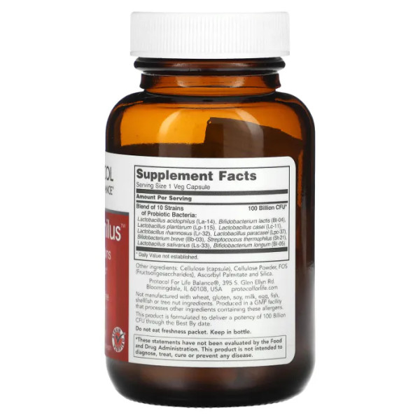 Пробіотики дофілус, ProtoDophilus, Protocol for Life Balance, 100 млрд КУО, 10 штамів, 30 веганських капсул