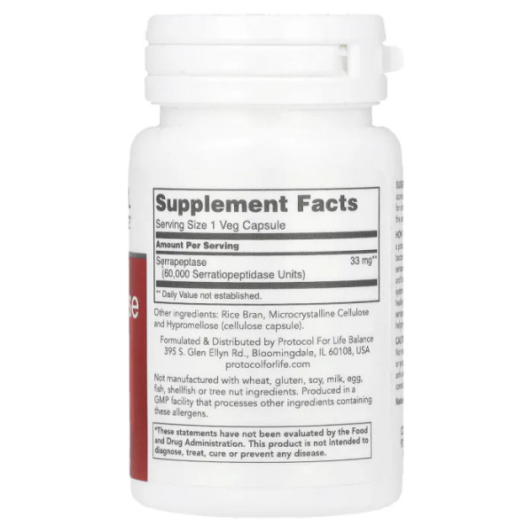 Серрапептаза, Serrapeptase, Protocol for Life Balance, 60 веганських капсул
