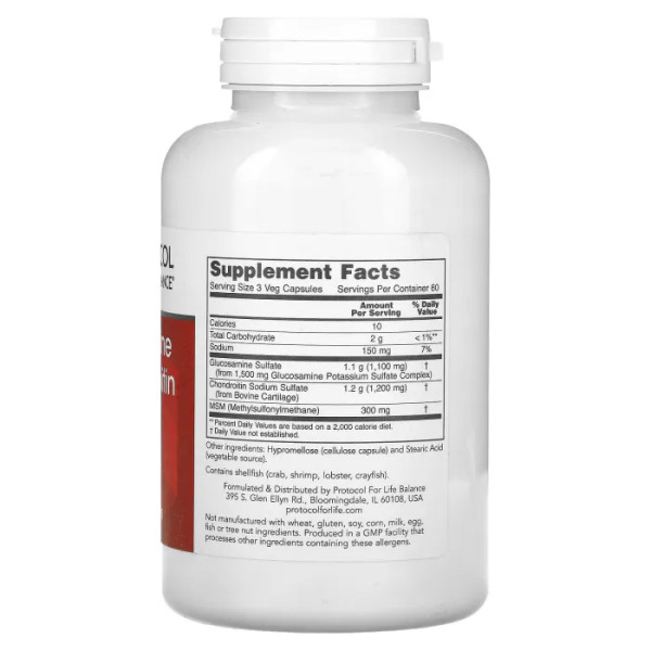 Глюкозамін та хондроїтин з МСМ, Glucosamine & Chondroitin with MSM, Protocol for Life Balance, підтримка суглобів, 180 капсул
