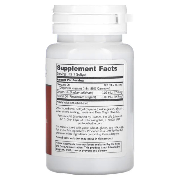 Олія орегано з оліями імбиру та фенхелю, Oregano Oil, Protocol for Life Balance, 90 гелевих капсул