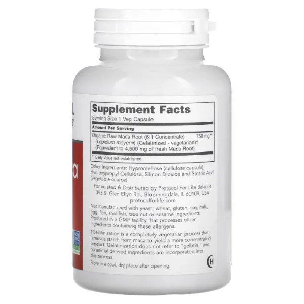 Мака перуанська, Raw Maca, Protocol for Life Balance, сира, 750 мг, 90 веганських капсул