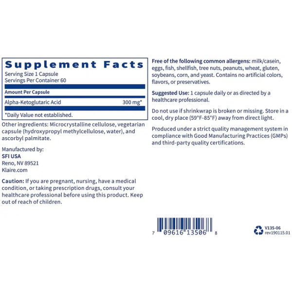 Альфа-кетоглутарова кислота (AKG), Klaire Labs, без молочних продуктів і глютену, 300 мг, 60 капсул