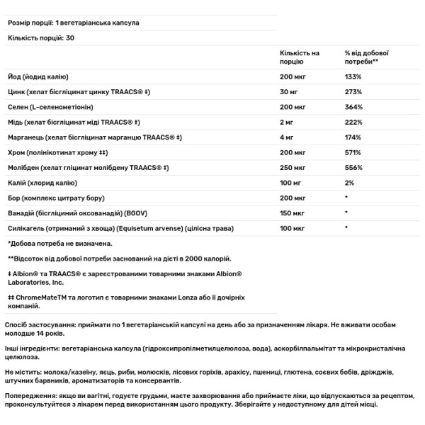 Мультимінерали, LDA Trace Mineral Complex, Klaire Labs, 11 незамінних мікроелементів з хелатними мінералами TRAACS, 30 вегетаріанських капсул