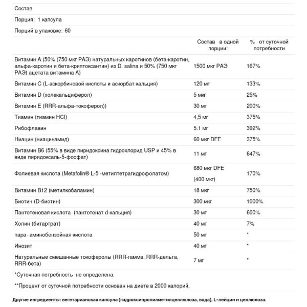 Мультивитамины (комплекс), Multi-Vitamin Complex, Klaire Labs, 60 капсул