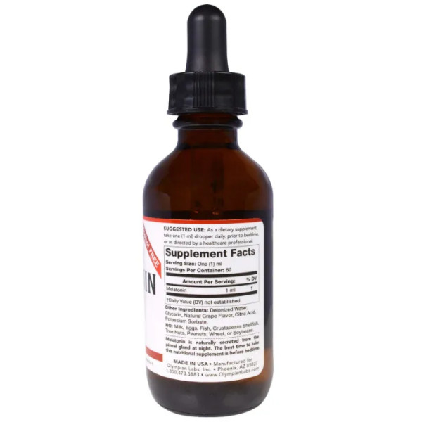 Мелатонін, Melatonin, Olympian Labs Inc., без спирту, зі смаком винограду, 1 мг, 60 мл