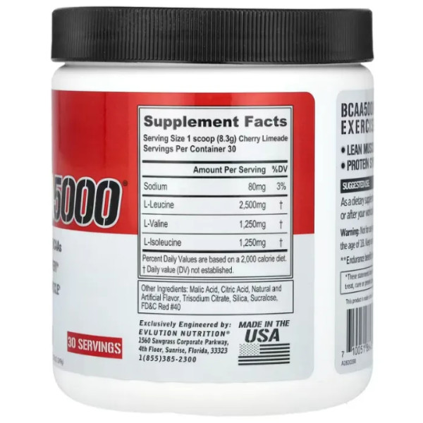 BCAA5000, відновлення та зростання м'язів, BCAA5000, EVLution Nutrition, вишневий лаймейд, порошок, 249 г
