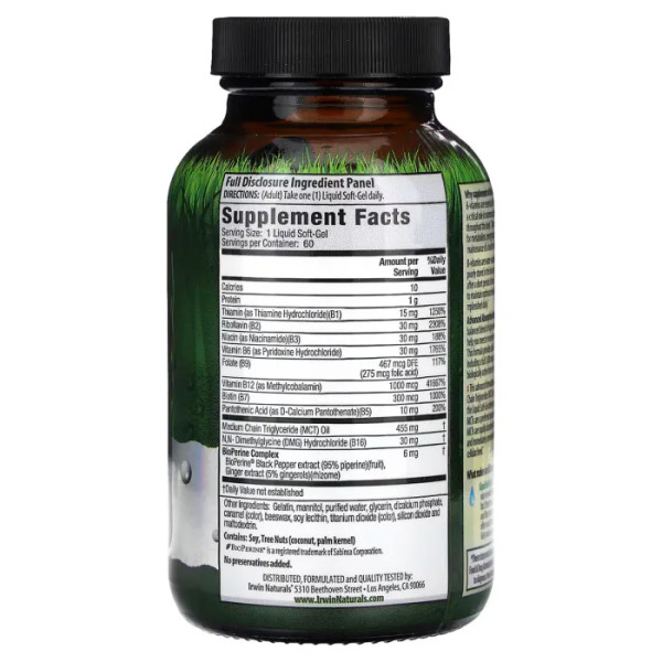 Витамин В, мега комплекс, Mega B-Complex with Quick Energy MCT's, Irwin Naturals, с энергией MCT, 60 гелевых капсул