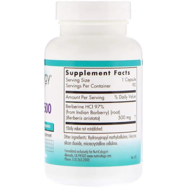 Берберин, Berberine 500, Nutricology, 90 вегетаріанських капсул