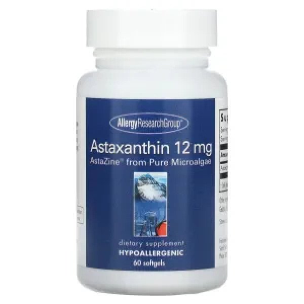 Астаксантин, Astaxanthin, Allergy Research Group, з чистих мікроводоростей, 12 мг, 60 гелевих капсул