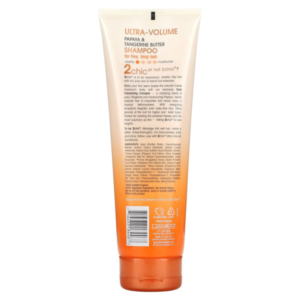 Шампунь для тонкого та слабкого волосся, 2chic, Ultra-Volume Shampoo, Giovanni, об'ємний, олія мандарину та папайя, 250 мл.