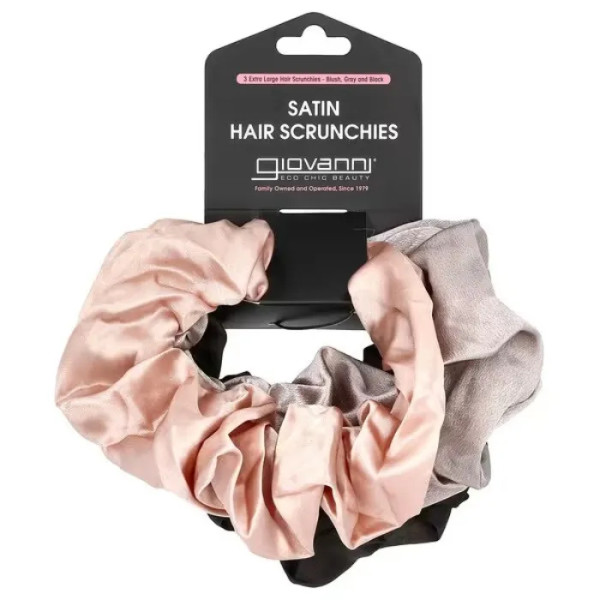 Резинки для волосся, Satin Hair Scrunches, Giovanni, сатинові, великі, пудрова, сіра та чорна, 3 шт