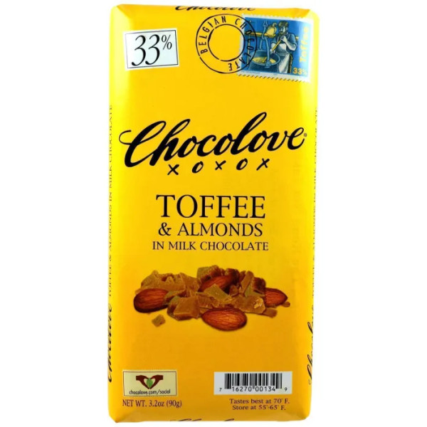 Тоффи и миндаль в молочном шоколаде, Toffee & Almonds, Chocolove, 33% какао, 90 г