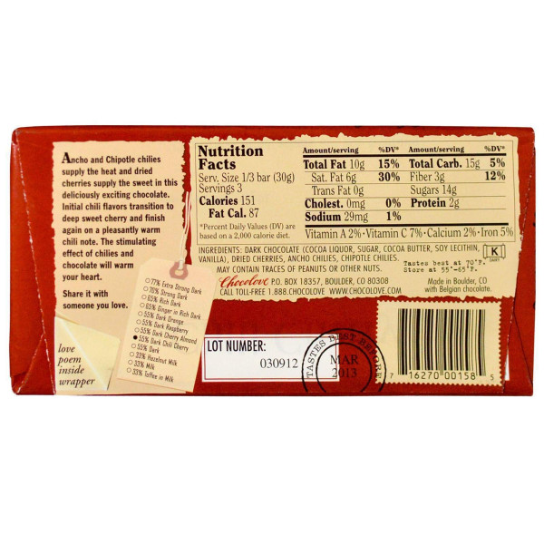 Чорний шоколад з вишнею, Dark Chocolate, Chocolove, 90 г