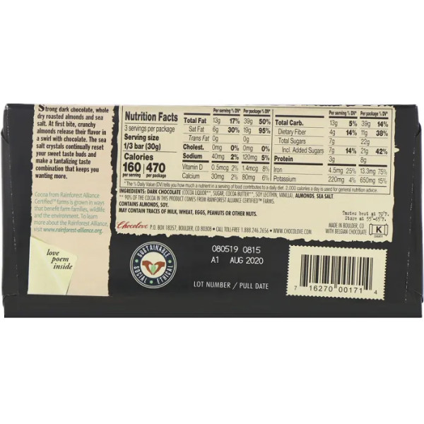 Чорний шоколад з мигдалем та морською сіллю, Dark Chocolate, Chocolove, 70% какао, 90 г
