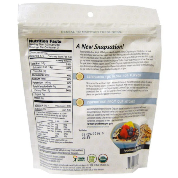 Кокосові смужки, Toasted Coconut Chips, Made in Nature, органік, 85 м