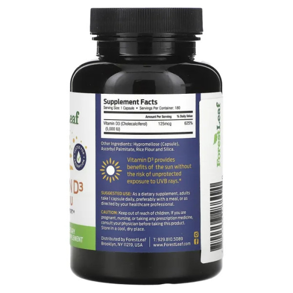 Вітамін D3, Vitamin D3, Forest Leaf, 5000 МО, 180 рослинних капсул