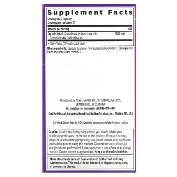 Гриби рейші, Reishi, New Chapter, органік, 60 капсул