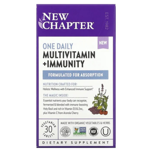 Мультивітаміни + підтримка імунітету, Multivitamin + Immunity, New Chapter, 1 на день, 30 вегетаріанських таблеток