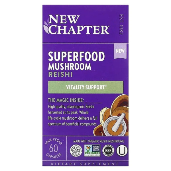 Рейші, Reish, New Chapter, Superfood Mushroom, 60 веганських капсул